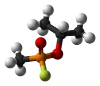 Ball-and-stick model of the (S) enantiomer of the nerve agent sarin, C4H10FO2P. Author: Ben Mills. Source: http://commons.wikimedia.org/wiki/File:Sarin-3D-balls.png