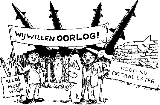 Cartoon van Ka - Wij willen oorlog, cover VD AMOK 3, 2003